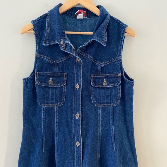 Vintage Dresses & Skirts - Denim 90’s Vintage Western A-Line Flare Sleeveless Blue Midi Button Front Dress